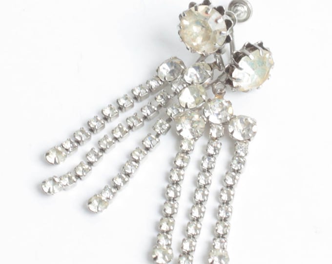 Crystal Rhinestone Dangle Earrings Three Strands Screw Back Vintage