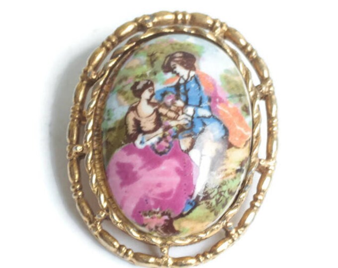 Courting Couple Romantic Lovers Brooch Pendant Porcelain Transfer Vintage