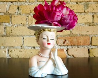Vintage 1950s Lefton Japan 6" Ceramic Lady Head Vase #2705 / Wide Brim Hat Red Lips Full Lashes Blue Strapless Gown Chipped Flowers