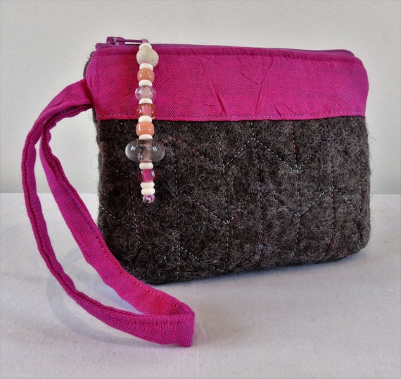 Hand felted small clutch bag/large purse with wrist strap in