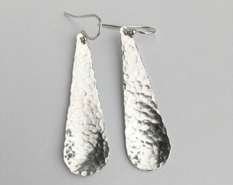 Silver Teardrop Earrings - Long Dangle Silver Earrings - Hammered Silver Drop Earrings - Sterling Silver Earrings