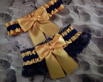 Light Gold Navy Blue Satin Navy Lace Wedding Bridal Garter Toss Set