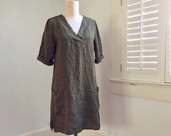 V-neck Linen Dress, 3/4 Sleeves, Tunic Dress, Pockets