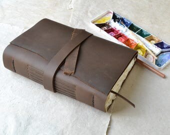 Rustic Brown Leather Journal with Watercolor Paper and Bookmark