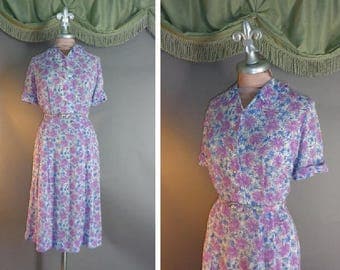 50s dress 1940s vintage PURPLE BLUE STARBURST Floral pink rhinestone butons sheer rayon day dress