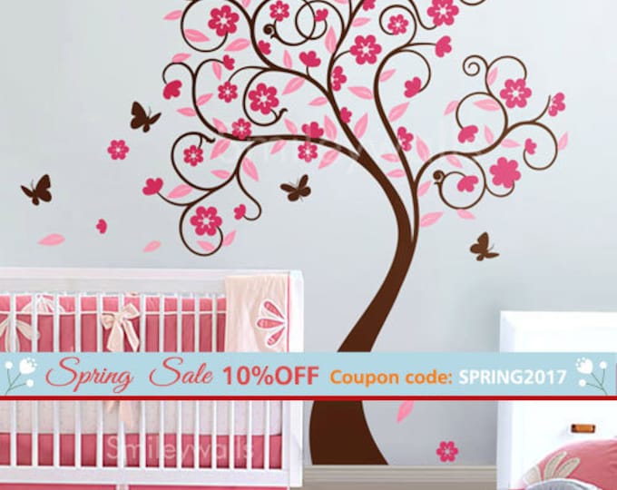 Cherry Blossom Tree Wall Decal, Flower Tree Wall Decal, Curly Flower Tree Butterflies for Kids Children Room and Nursery Wall Decal Sticker