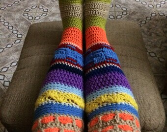 Colourful Crochet Knee High Socks, Crochet Hippie Socks, Small Medium size, Handmade, Red Heart Supersaver Yarn, Winter Accessories