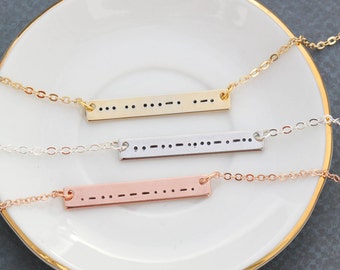 FREE SHIP • Morse Code Necklace • Silver Morse Code Bar • Bridesmaid Gift Rose Gold Morse Bar Necklace • Romantic Gift Secret Message Morse