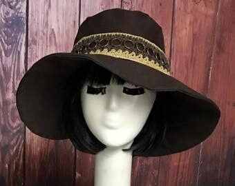 Brown Cotton Twill Sun Hat, Wide Brim Hat, Floppy Hat, Bohemian Hat, Festival Hat, Travel Hat, Packable Travel Hat, Floppy Sun Hat,