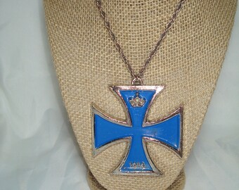 1970s Large Silver and Blue 1914 Maltese Hippie Cross Necklace.