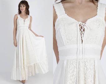 Gunne Sax Dress Boho Dress Boho Wedding Dress Prairie Dress Renaissance Dress Bridesmaids Dress Vintage 70s Ivory Floral Lace Hippie Maxi M