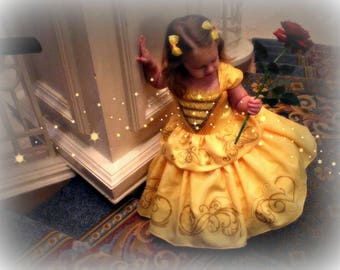 Toddler Girl Beauty and the Beast Belle Costume Ball Gown, Hand Painted Sparkle Filigree, Cap Sleeve, Corset Bodice, Button Back, Hoop Skirt