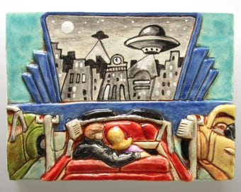 Ceramic Art Tile, DRIVE-IN MOVIE, 4 x 6 Handmade Tile, Ceramic Wall Art, Retro Movie Theater