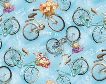 Wilmington Prints Le Cafe Blue Vintage Bicycle Fabric - 1 yard