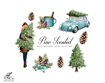 Christmas Clipart - Christmas Decoration - Car Clipart - Planner sticker clipart - Pine tree illustration - Commercial use Clip art - MK