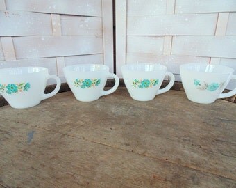 FIRE KING. Kitchen Cups. white glass. milk glass. coffee cups. tea cups. Anchor Hocking. 1950s kitchen. set of 4. Blue Flowers. gift idea.