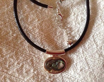 Silver and Paua Shell Necklace on Black Leather Cord (No. 1375-3)