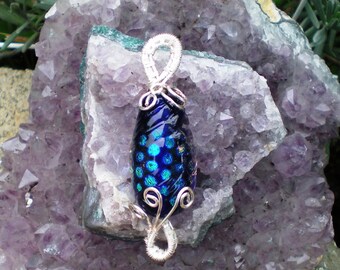 Silver Wire Pendant with Blue Dichroic Lampwork Bead