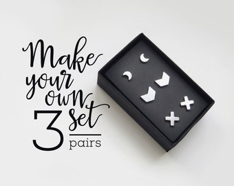 Stud earring set of 3 pairs / modern minimal earrings Surgical steel earrings / stainless steel earring / mismatched earrings