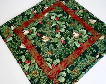 Winter Quilted Table Topper with Chickadees and Pines, Christmas Quilted Table Runner, Quilted Candle Mat, Holiday Table Runner Quilt