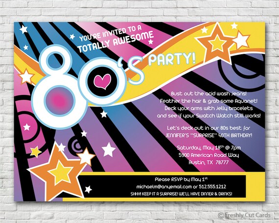 Super Bright 1980s Invitation - Printable or Printed (w/ FREE Envelopes) Il_570xn