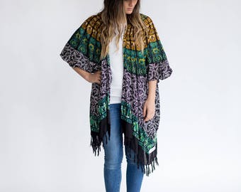 Turquoise Dream Boho Kimono <Black, White, Turquoise, Teal, Gold Mandala Design> Gypsy Fashion, Bohemian Swag, Jacket Poncho, Womens Wear