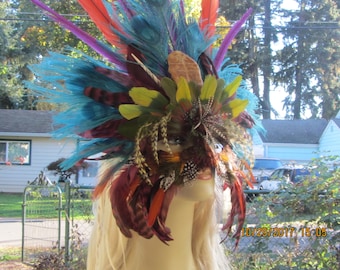Vibrant Parrot Feather Masquerade Mask, Goddess Headdress,Tribal Headdress,Wearable and Decorative Mask, Mardi Gras, Burning Man Wear