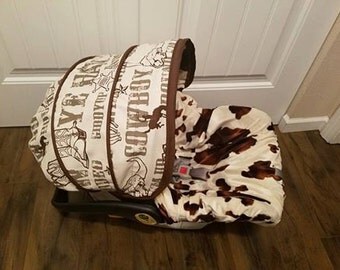 Baby Boy Cowboy and cow minky baby car seat cover- Infant boy cover, baby boy seat cover, western themed baby seat cover - Made to order