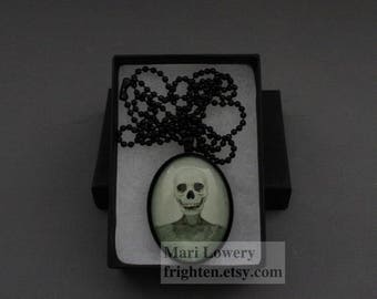 Halloween Jewelry, Skull Art Pendant, Creepy Necklace, Black and White, Dark Jewelry with Long Chain and Box
