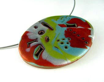 Polymer Clay Jewelry Mokume Gane Polymer Clay Necklace Stamped Necklace Copper Turquoise Lime Green Silver