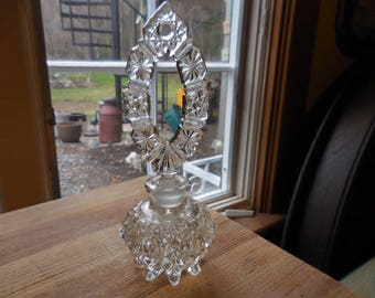 Vintage 1950s to 1980s Pressed Clear Glass Perfume Bottle Ground Stopper Bedroom Vanity Bathroom Decor Retro Round Tall