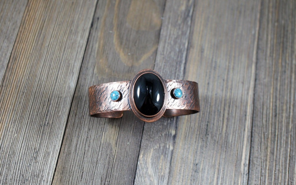 Copper Cuff Bracelet Black Onyx Textured Cuff Bracelet