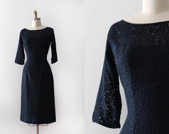 vintage 1950s dress // 50s 60s black lace wiggle dress