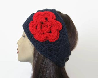 Blue Crochet Headband with Red Flower Navy Blue Headband Crochet earwarmer Wide Headband Blue and Red crochet Head wrap knit Ear warmer