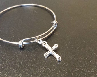 Silver Tone Expandable Bangle Bracelet with a Cross Charm