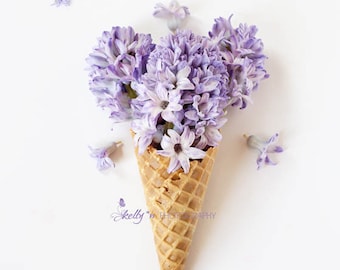 Flower Still Life- Purple Hyacinth Photography, Whimsical Flower Art, Flower Ice Cream Cone Print, Kitchen Decor, Hyacinth Flower Cone Photo
