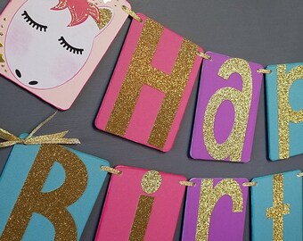 Unicorn Party, Unicorn Birthday, Happy Birthday Banner, Gold Birthday Decorations, Gold Birthday Banner, First Birthday, Name Banner
