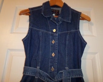 Vintage Jean Dress Top Small Sleeveless Belted Button Up