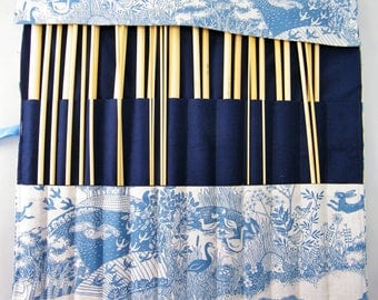 Straight knitting needle organiser. Knitting needle roll. Woodland fabric