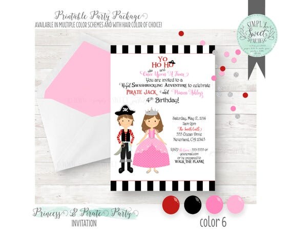 PRINTABLE INVITATION. Princess and Pirate Birthday Party in pink and red. Jpeg or PDF file. Includes Hair Color of Choice & Multiple colors Il_570xn