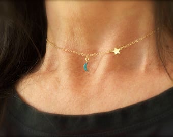 Turquoise moon and star necklace - 14K gold-filled chain - teeny tiny charms - dainty jewelry -tiny gold moon - tiny gold star