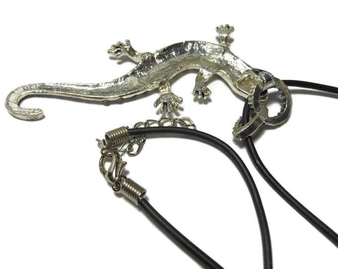 Large lizard pendant, silver tone gecko, pave encrusted clear and black rhinestones, black cord, fancy connector with black enamel