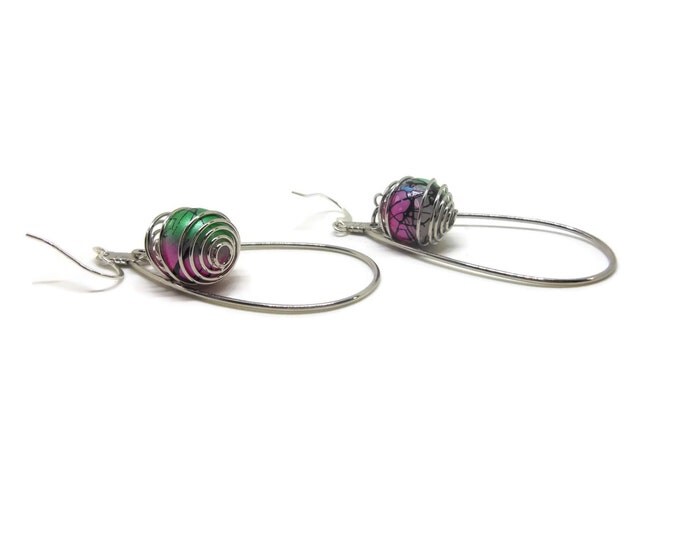 FREE SHIPPING Large teardrop earrings, silver tone metal, caged pink and green glass swirl beads, funky fun dramatic large