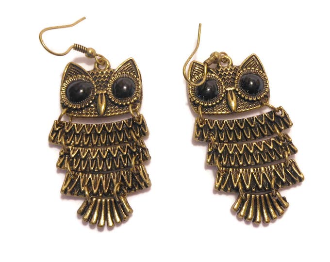 Articulated owl earrings, bronze 5 section dangle bird earrings, french hook, black cabochon eyes, movable sections