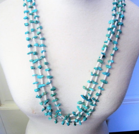 Turquoise Nugget Necklace - Native American - Multistrand Heishi Shell - White Long Torsade - Sterling Hook Clasp - 50's Necklace