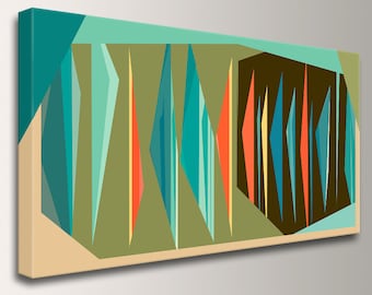 Mid Century Wall Art - Canvas Print - Teal Orange Olive Green and Brown Decor - Retro Modern Design - " Multiplex Panorama "