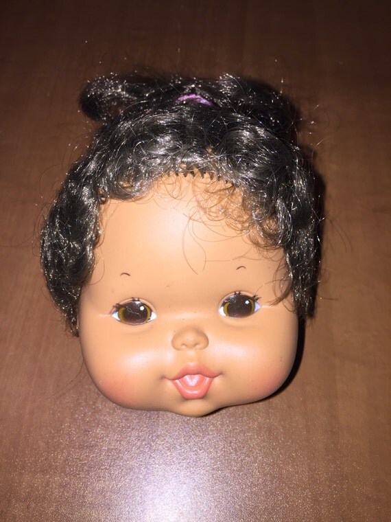 Vintage Rare Tan Tone Doll Head with Ponytail and Pink Hair Bow Dollmaking Supplies NOS H3