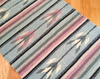 Vintage Arizona Navajo Striped Native American Indian Rug Carpet Sky Blue
