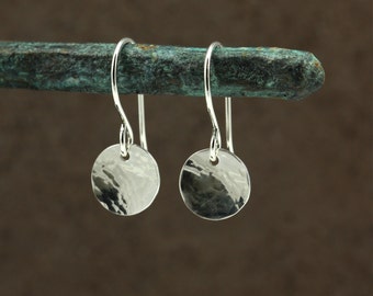 Small Hammered Silver Disc Earrings, Drop Earrings, Sterling Silver Earrings, Hammered Silver Earrings, Southwestern Earrings