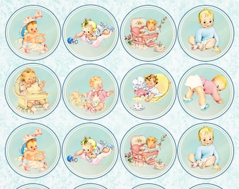 Cute Baby Clipart - Vintage Baby Collage Sheet - Retro Baby Clipart - 2 Each of 8 - 2" x 2" circles PNG & JPG 300 dpi personal/commercial